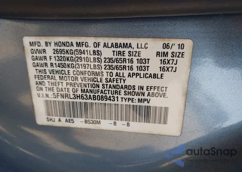 2010 Honda Odyssey Ex-L z USA, uszkodzony, nr VIN 5FNRL3H63AB089431